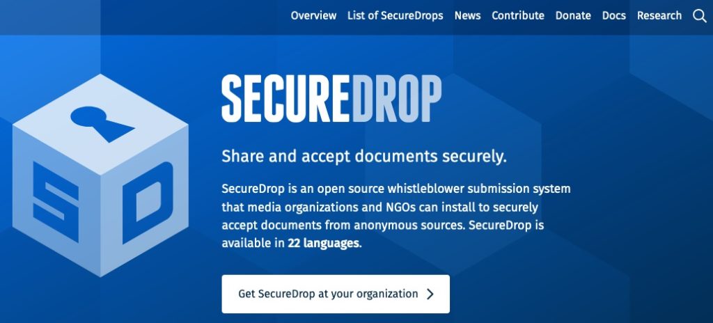 De bedste dark web-websteder, du ikke finder på Google 8 Et skærmbillede af SecureDrop-hjemmesiden.