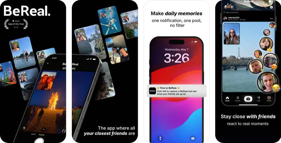 Skærmbilleder fra BeReal-appen, der viser funktioner som at tage daglige billeder uden filter, dele øjeblikke med nære venner og reagere på andres opslag i realtid. Tekst og billeder fremhæver appens fokus på ægte og spontane øjeblikke.