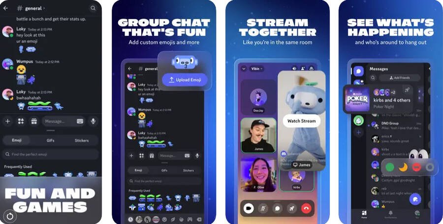 Skærmbilleder fra Discord-appen, der viser gruppechat, brug af emojis, fælles streaming og oversigt over, hvad venner laver. Tekst og billeder fremhæver appens fokus på sjov, fællesskab og interaktive funktioner.