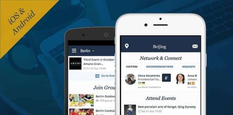 InterNations-appen vist på både Android- og iOS-telefoner med oversigt over grupper, begivenheder og netværksmuligheder i forskellige byer.