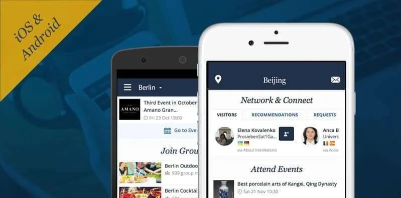 InterNations-appen vist på både Android- og iOS-telefoner med oversigt over grupper, begivenheder og netværksmuligheder i forskellige byer.
