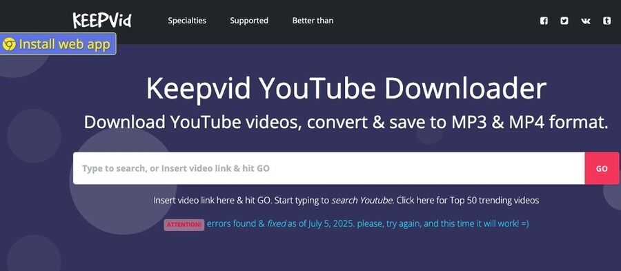 Skærmbillede af Keepvid YouTube Downloader med søgefelt til videolinks og mulighed for at downloade og konvertere til MP3 og MP4.