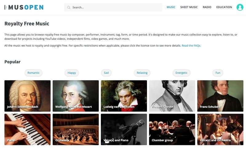 De 11 bedste websider, hvor du lovligt kan downloade gratis musik 5 Skærmbillede af Musopen hjemmeside