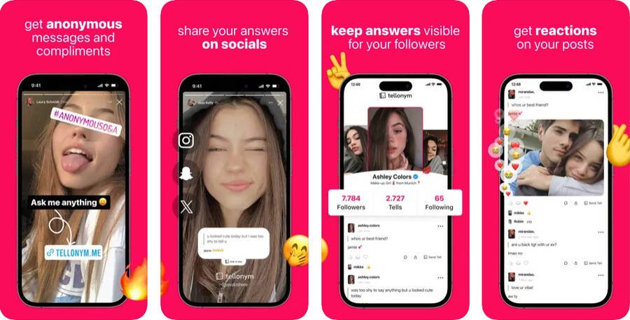 Skærmbilleder fra Tellonym-appen, der viser anonyme beskeder, deling af svar på sociale medier, synlighed for følgere og reaktioner på opslag.