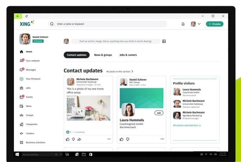 Xing-platformen vist på en computerskærm med kontaktopdateringer, netværk og karrierefunktioner.