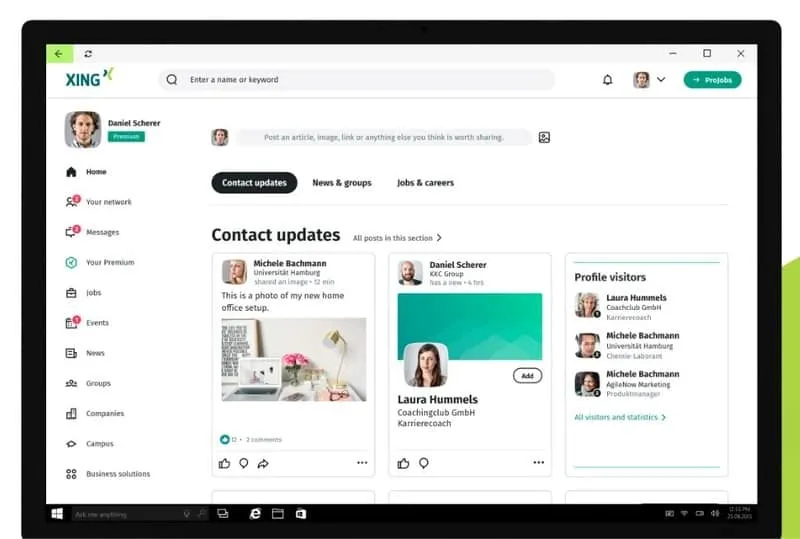 Xing-platformen vist på en computerskærm med kontaktopdateringer, netværk og karrierefunktioner.