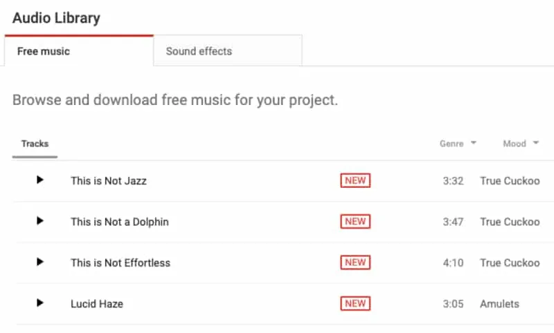 Skærmbillede af YouTube Audio Library hjemmeside