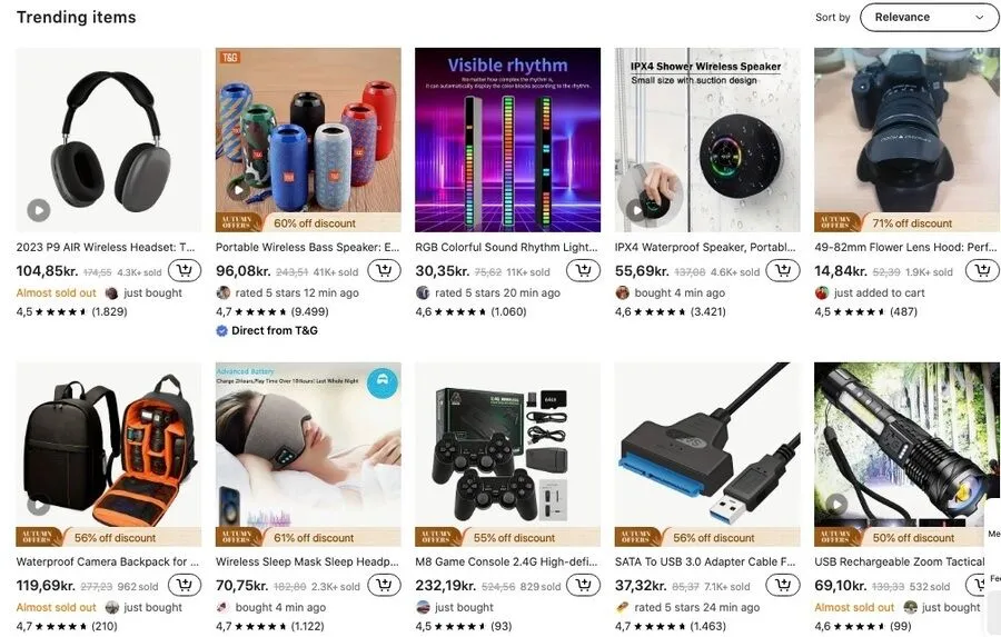 6 Temu-fiduser, du bør være opmærksom på 2 Screenshot af Temu søgeresultater