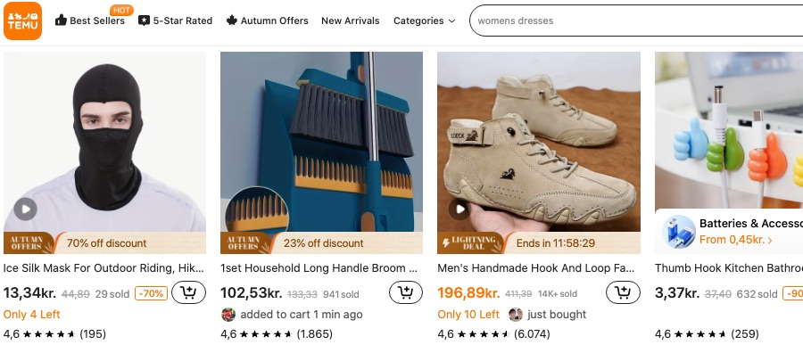 Screenshot af temu-hjemmesidens startside