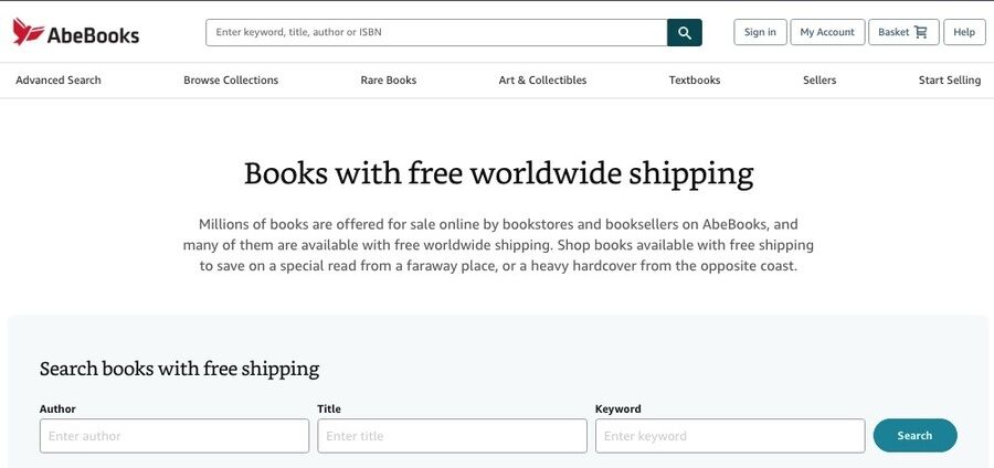 19 online shopping-steder med gratis international levering 9 Skærmbillede af abebooks webside