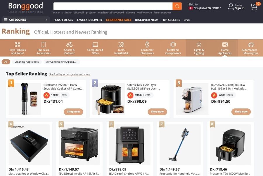 19 online shopping-steder med gratis international levering 13 Skærmbillede af banggood webside