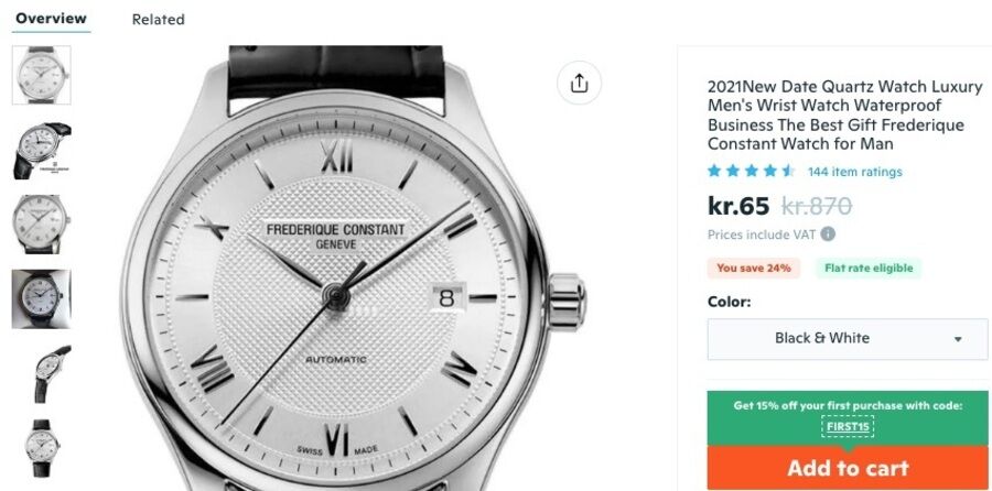 Kvarts-ur fra Wish webshop, skærmbillede