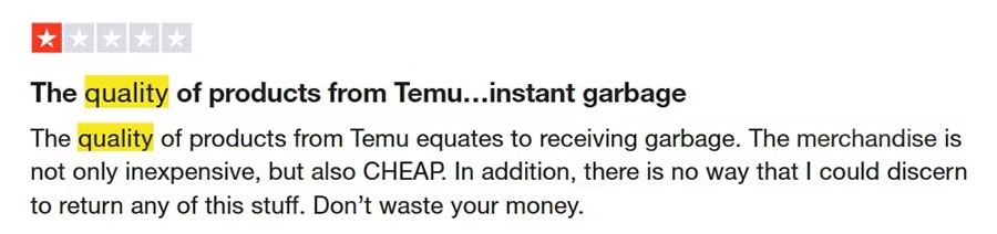 Bedømmelse på trustpilot om Temu