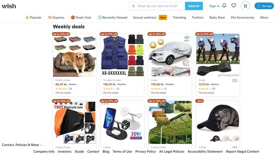 Wish ugens tilbud, skærmbillede