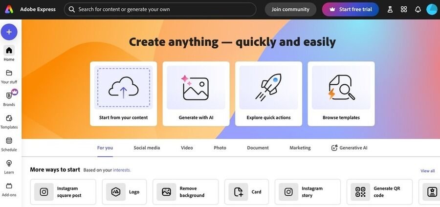 De 8 bedste gratis online AI-fotoredigeringsprogrammer 1 Et skærmbillede af Adobe Express's startside.