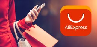 Pige med indkøb og AliExpress-logo i baggrunden