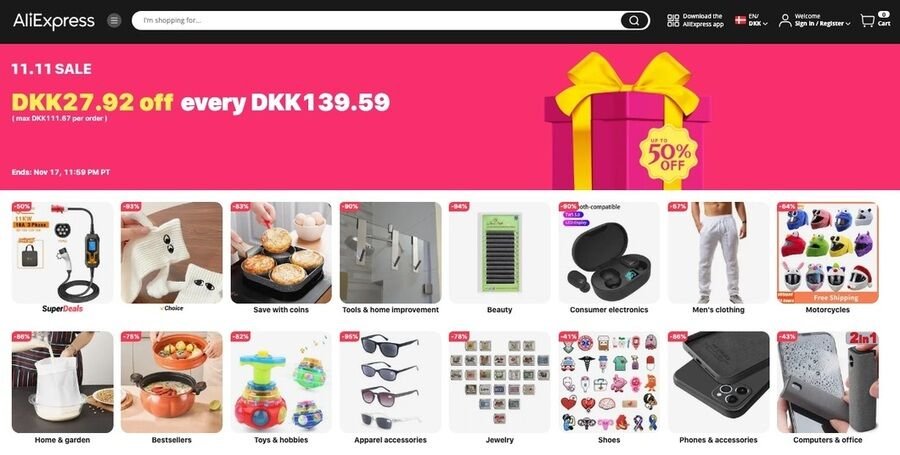 Er AliExpress legitimt og troværdigt? Er det sikkert at handle der? 1 AliExpress-skærmbillede af udsalgssiden den 11/11