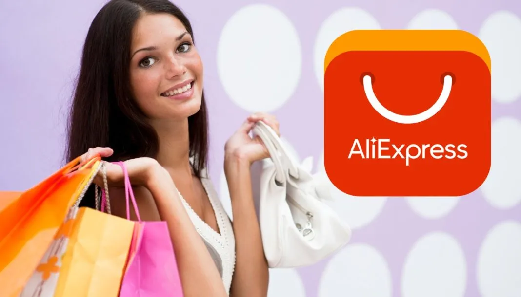aliexpress-tips Pige med indkøb og AliExpress-logo i baggrunden