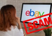 10 almindelige eBay-fiduser, og hvad du kan gøre ved dem Pigen ved computerskærmen med ebay-logoet og det røde scam stempel i højre side.
