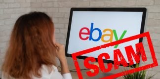 Pigen ved computerskærmen med ebay-logoet og det røde scam stempel i højre side.