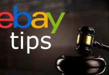 Auktionshammer og ebay-logo i baggrunden med teksten "TIPS