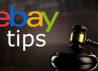 Auktionshammer og ebay-logo i baggrunden med teksten "TIPS