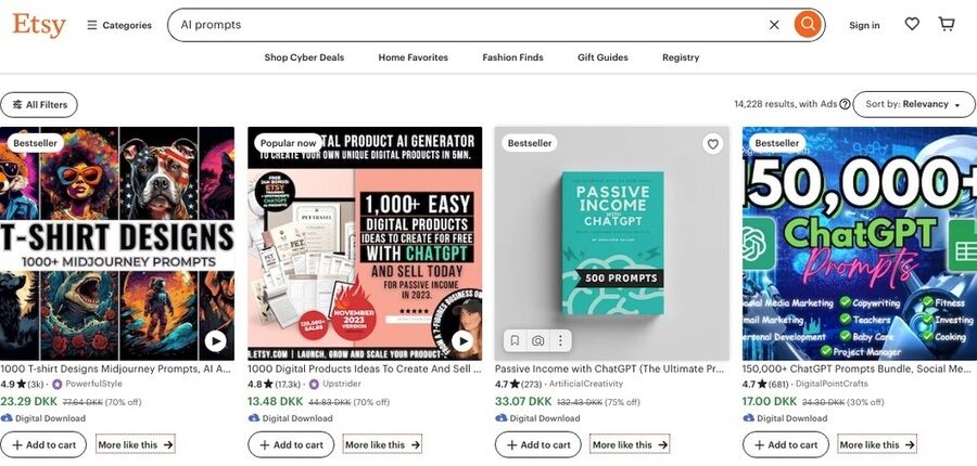 Skærmbillede af søgeresultater på etsy.com hjemmeside