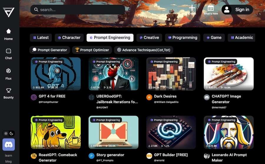 Skærmbillede af flowgpt.com hjemmeside