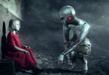 Robotten knæler ned for at se på den lille pige i den røde kjole.