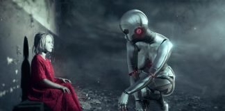 Robotten knæler ned for at se på den lille pige i den røde kjole.