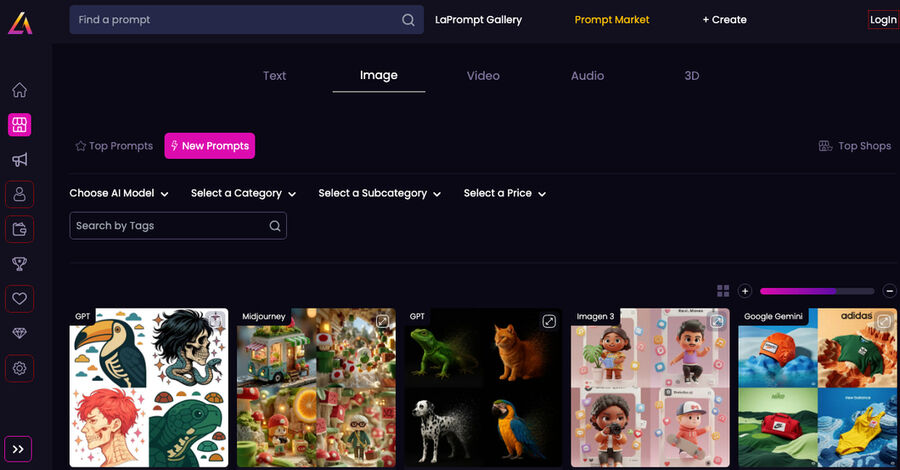 Skærmbillede af LaPrompt, en AI-genereret prompt-markedsplads med billeder genereret af forskellige AI-modeller som GPT, Midjourney, Imagen 3 og Google Gemini.