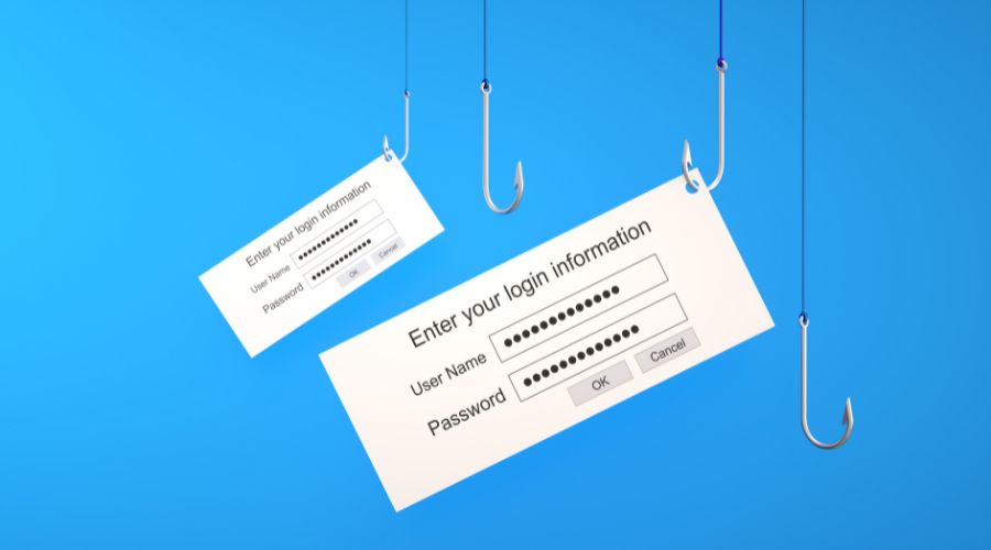 Phishing-collage: login-formular hænger på fiskekroge