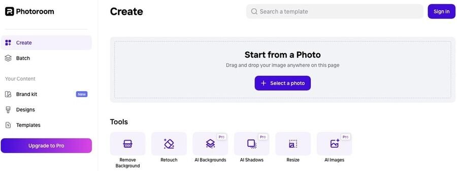 De 8 bedste gratis online AI-fotoredigeringsprogrammer 8 Et skærmbillede af Photorooms "Opret"-side, der viser en side, hvor man kan vælge at starte med et foto eller bruge en skabelon.