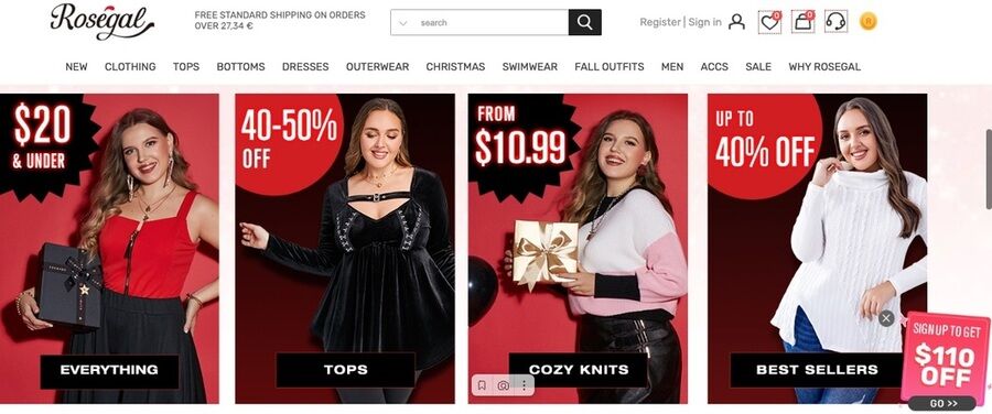 5 alternative billige onlinebutikker til Shein 4 Skærmbillede af rosegal.com webside