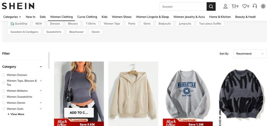 Skærmbillede af Sheins hjemmeside