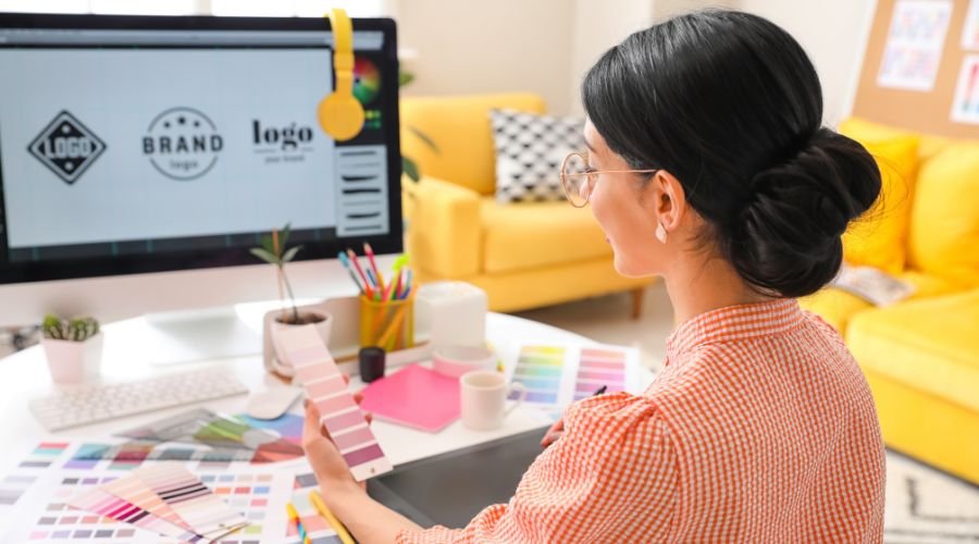 En pige sidder ved en computer og designer et logo