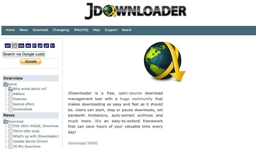 De 5 bedste værktøjer til at downloade streamingvideo fra enhver hjemmeside 4 Skærmbillede af jdownloader hjemmeside