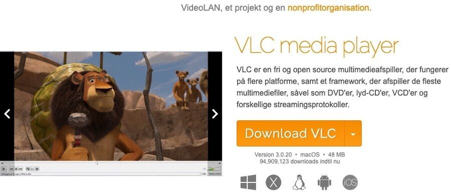 Skærmbillede af videolan hjemmeside