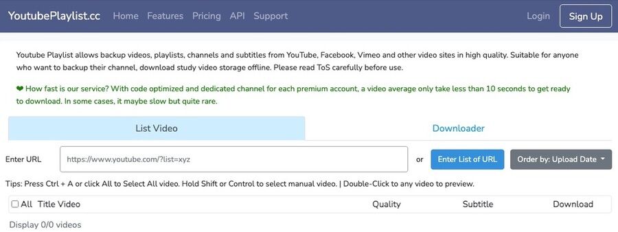 Skærmbillede af youtubeplaylist  hjemmeside