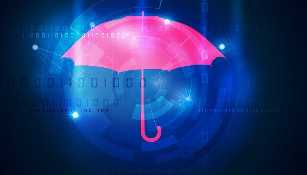 Collage: Paraply, der beskytter computere mod virus