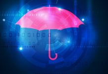 Collage: Paraply, der beskytter computere mod virus