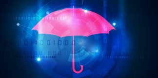 Collage: Paraply, der beskytter computere mod virus