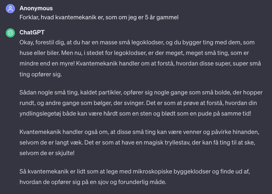 Sådan tilmelder du dig ChatGPT 5 Screenshot af Chat GPT's svar på spørgsmålet: Forklar, hvad kvantemekanik er, som om jeg er 5 år gammel