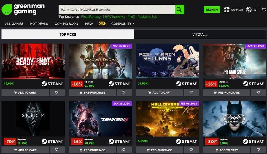 Et skærmbillede af Green Man Gaming hjemmesiden