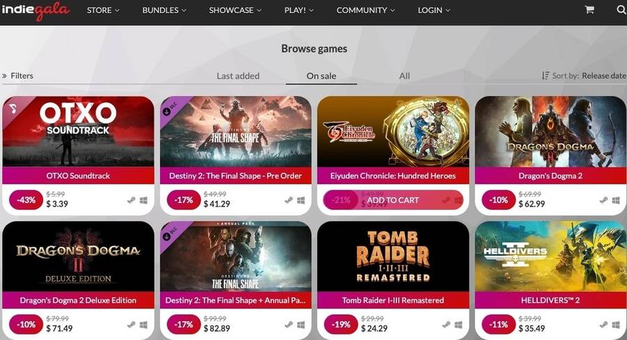 Et skærmbillede af IndieGala hjemmesiden