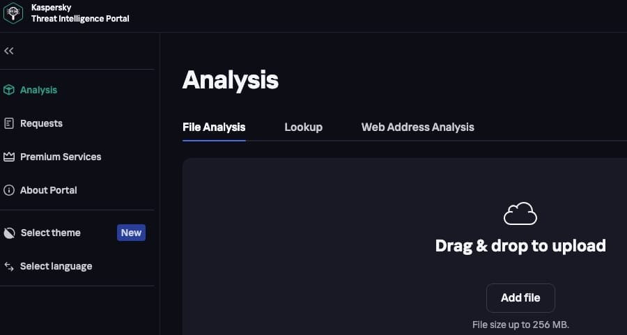 Skærmbillede af Kaspersky Threat Intelligence Portal online-scanner webside