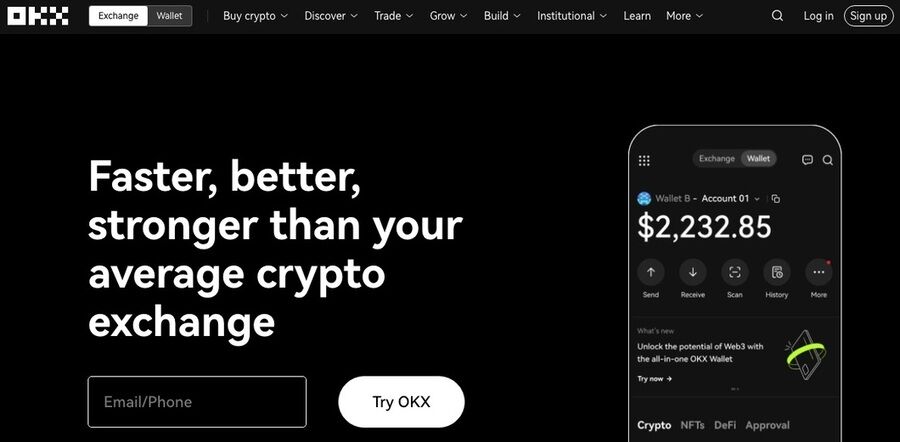 Et skærmbillede af okx hjemmesiden