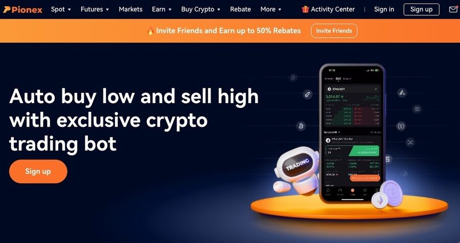 Et skærmbillede af pionex hjemmesiden