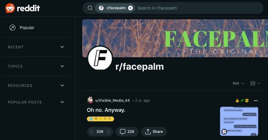 16 sjove subreddits, der garanteret får dig til at grine højt 12 Et skærmbillede af r/facepalm webpage