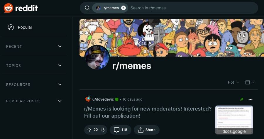 16 sjove subreddits, der garanteret får dig til at grine højt 3 Et skærmbillede af r/memes webpage